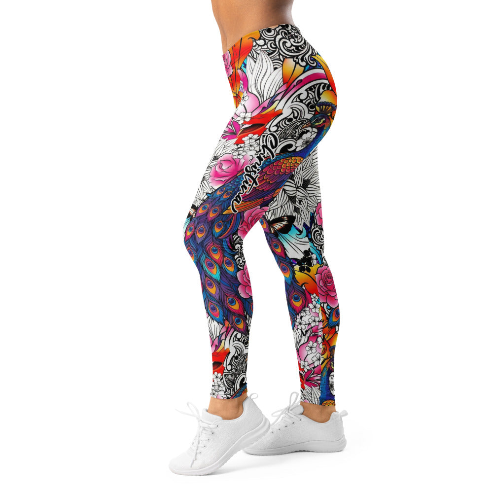 Personalisierte Damen Sportleggings Bunt Pfauenfeder & Blumen Muster Fitness Leggings Yoga Tights J176