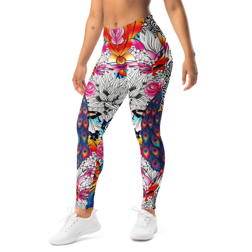 Personalisierte Damen Sportleggings Bunt Pfauenfeder & Blumen Muster Fitness Leggings Yoga Tights J176