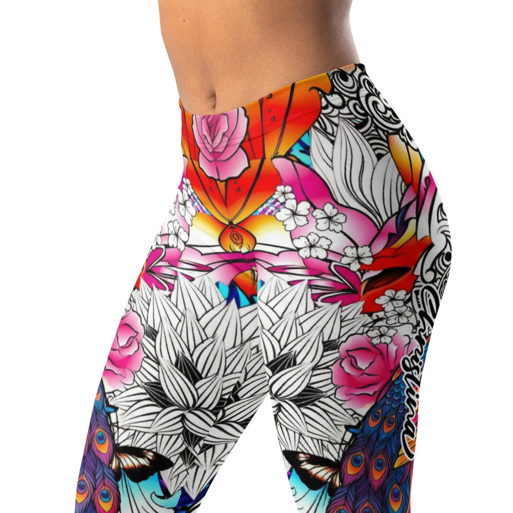Personalisierte Damen Sportleggings Bunt Pfauenfeder & Blumen Muster Fitness Leggings Yoga Tights J176