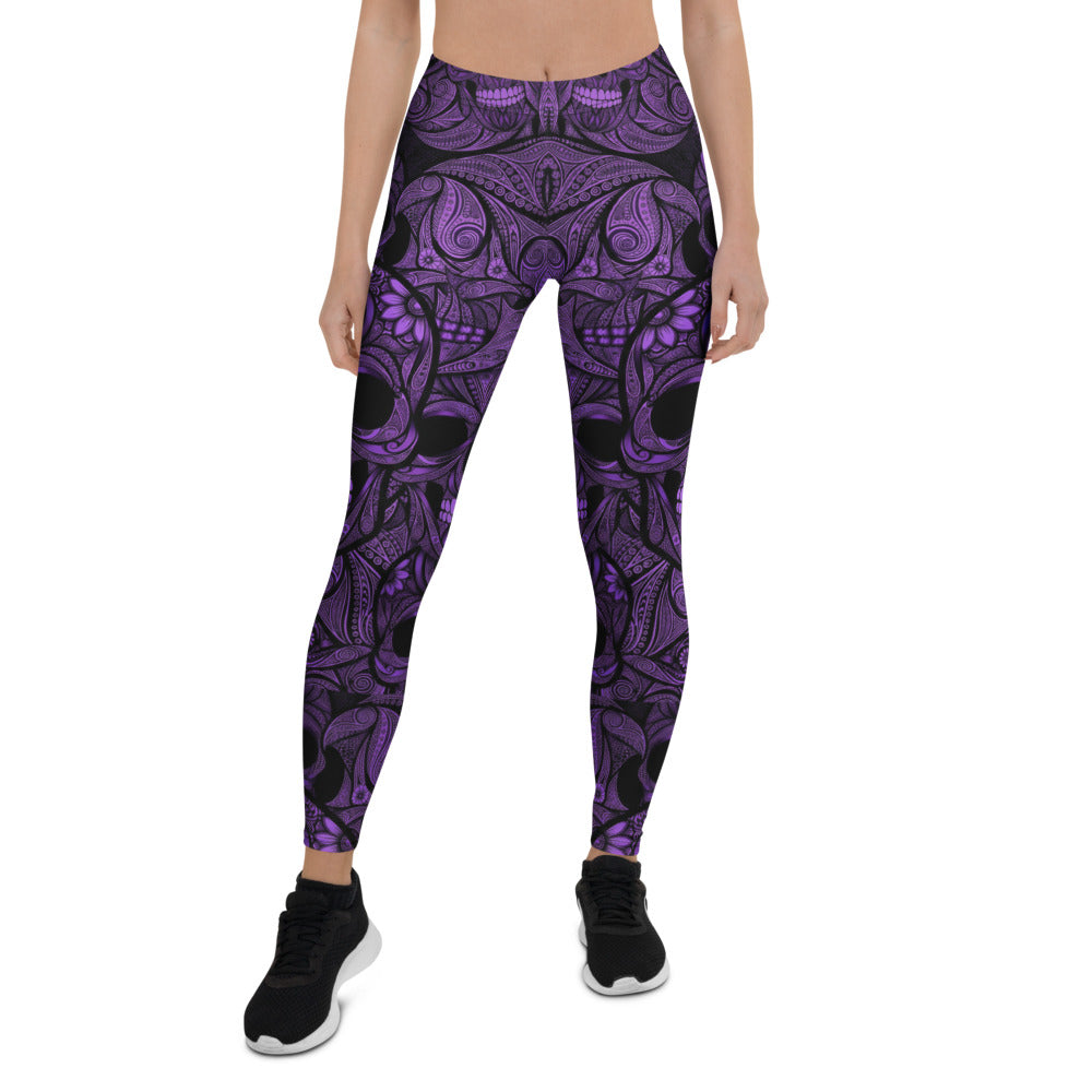 Personalisierte Damen Sportleggings Totenkopf Design Lila Schwarz Fitness Yoga Leggings Y476