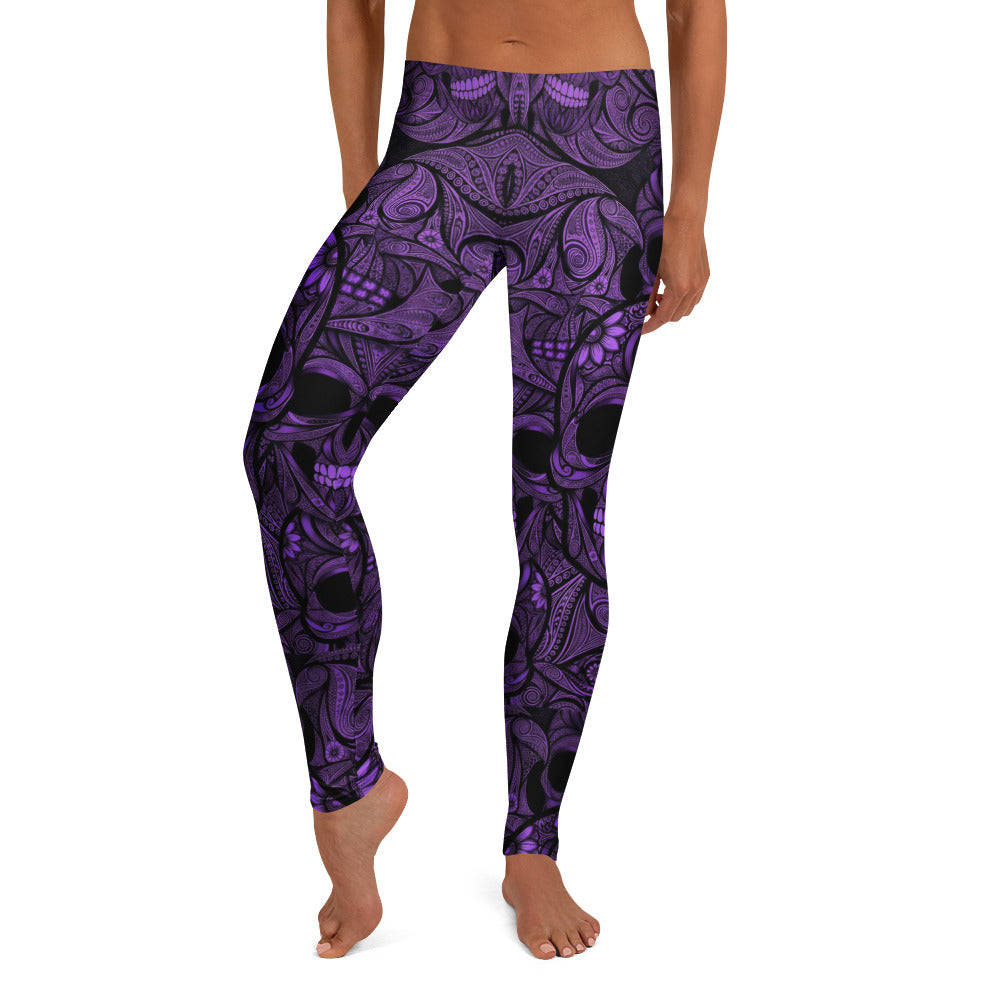 Personalisierte Damen Sportleggings Totenkopf Design Lila Schwarz Fitness Yoga Leggings Y476