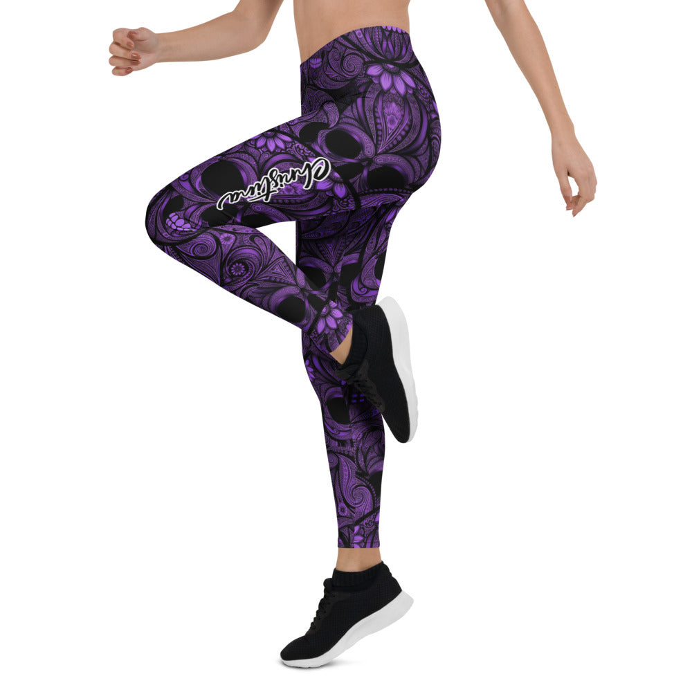 Personalisierte Damen Sportleggings Totenkopf Design Lila Schwarz Fitness Yoga Leggings Y476