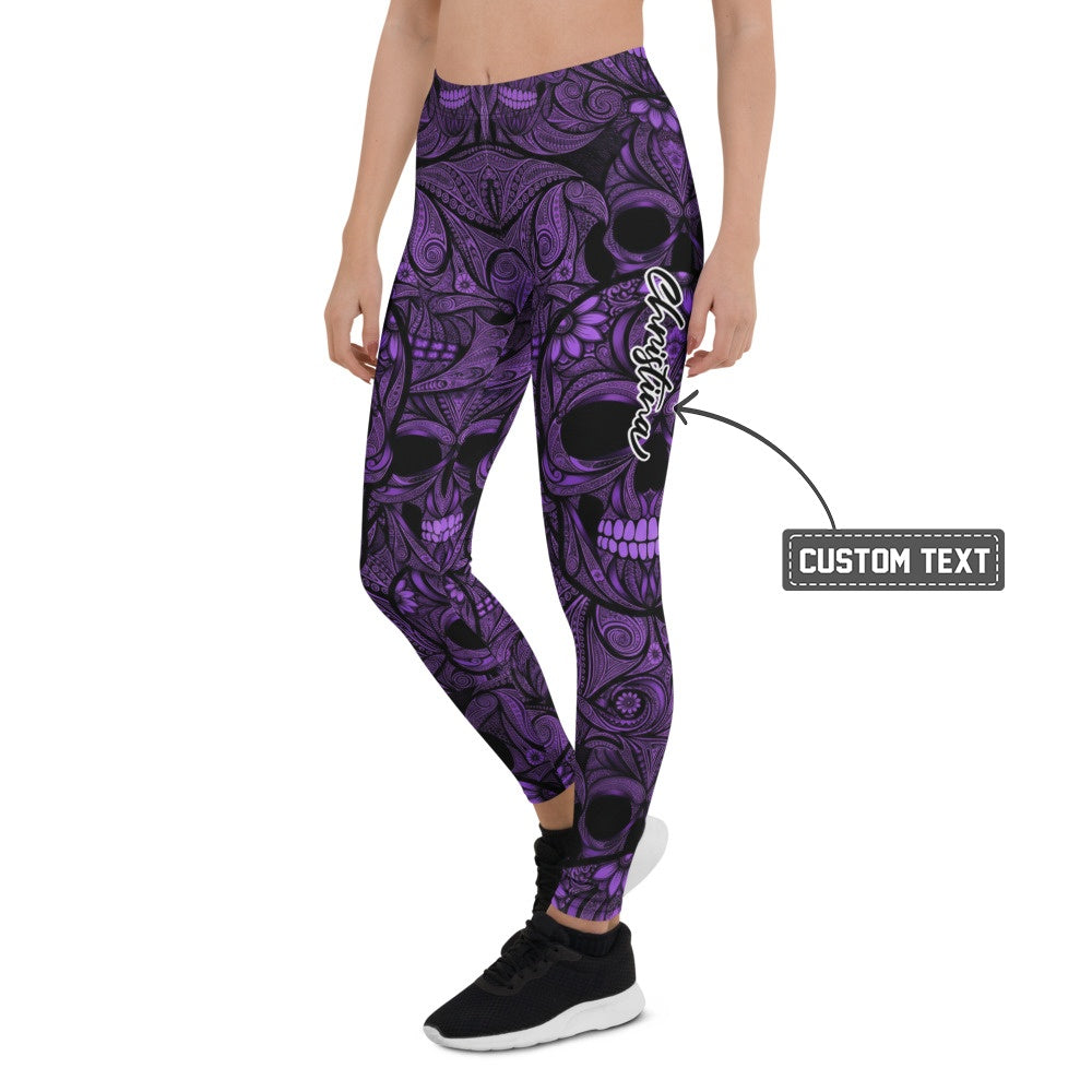Personalisierte Damen Sportleggings Totenkopf Design Lila Schwarz Fitness Yoga Leggings Y476 - XL