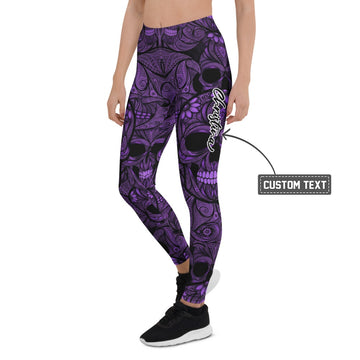 Personalisierte Damen Sportleggings Totenkopf Design Lila Schwarz Fitness Yoga Leggings Y476 - XL