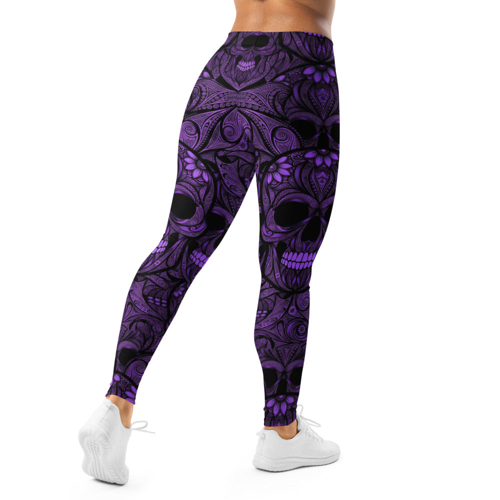 Personalisierte Damen Sportleggings Totenkopf Design Lila Schwarz Fitness Yoga Leggings Y476