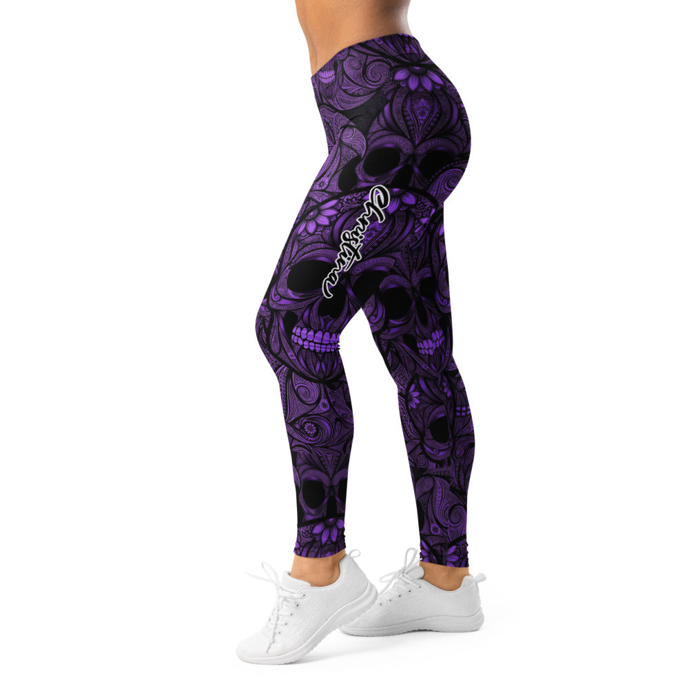 Personalisierte Damen Sportleggings Totenkopf Design Lila Schwarz Fitness Yoga Leggings Y476
