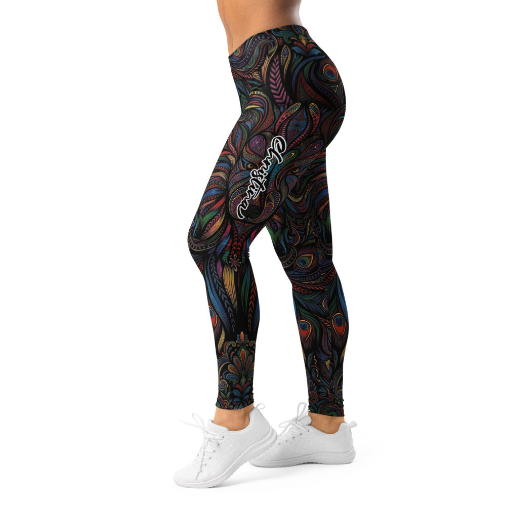 Personalisierte Damen Sportleggings Pfauenmuster Bunt Fitness Yoga Leggings Abstraktes Design U816