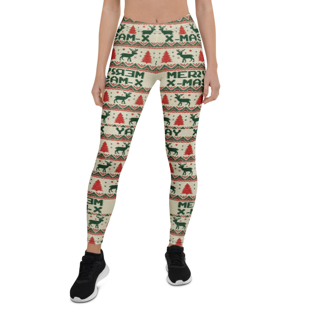 Personalisierte Damen Leggings Weihnachten Merry X-Mas Design Rentier Tannenbaum Muster Rot Grün Sportleggings Fitnesshose P314