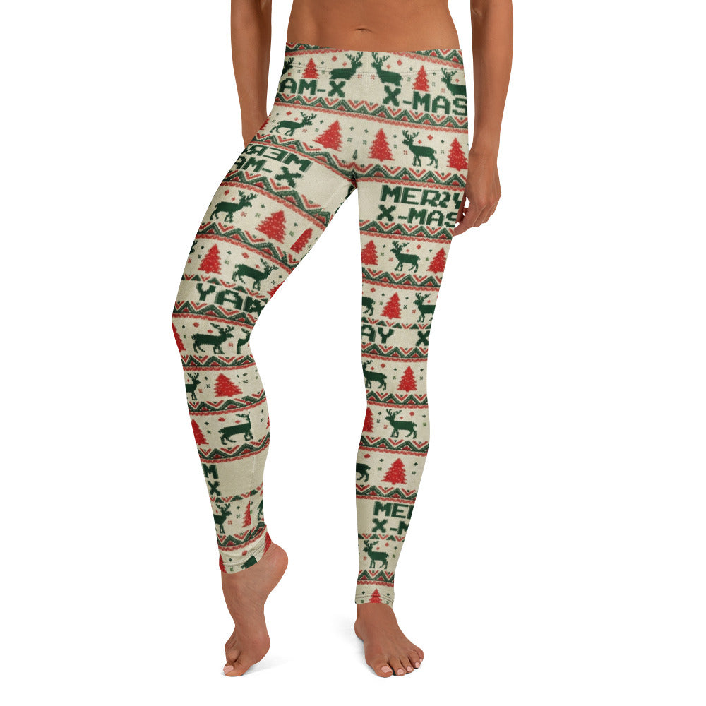 Personalisierte Damen Leggings Weihnachten Merry X-Mas Design Rentier Tannenbaum Muster Rot Grün Sportleggings Fitnesshose P314
