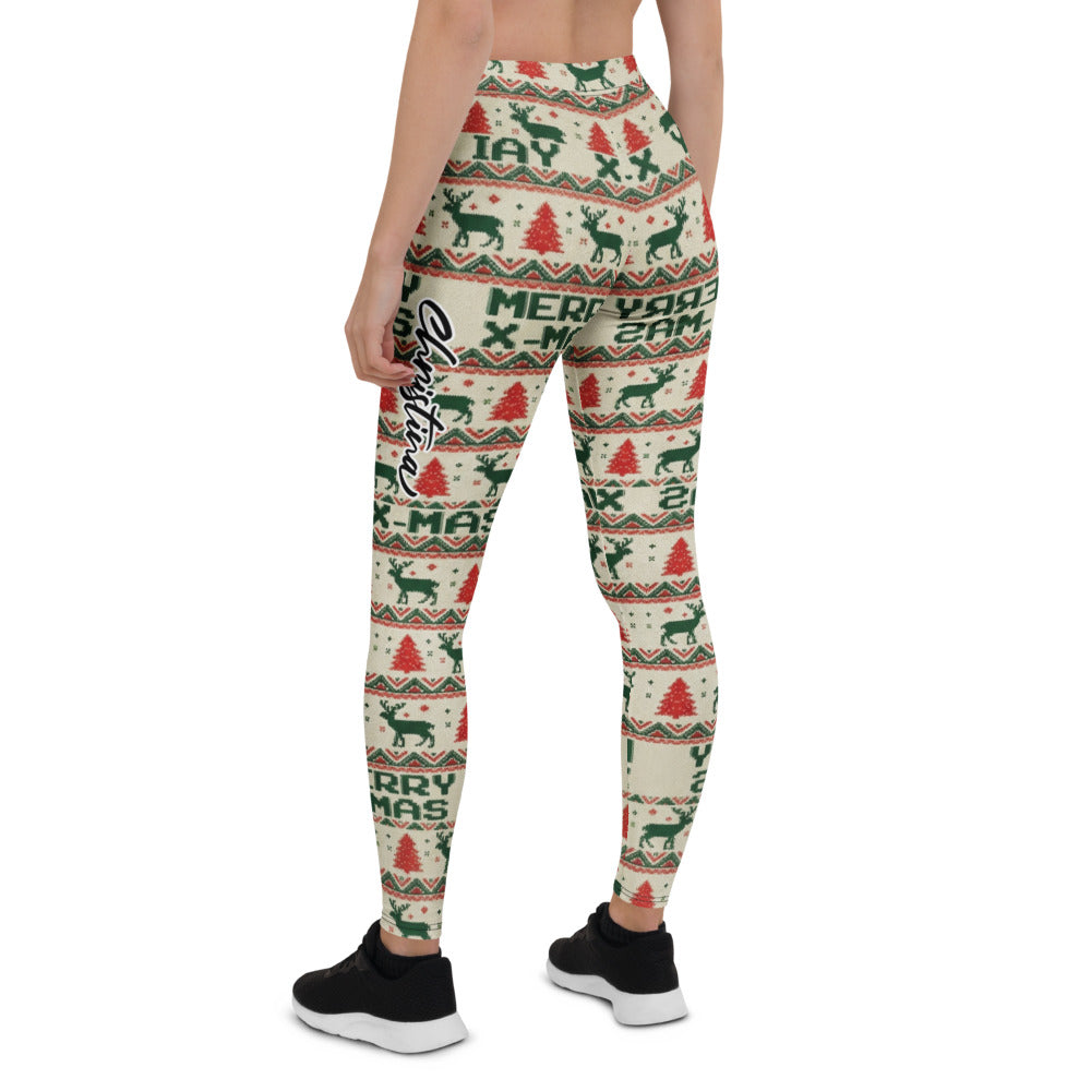Personalisierte Damen Leggings Weihnachten Merry X-Mas Design Rentier Tannenbaum Muster Rot Grün Sportleggings Fitnesshose P314
