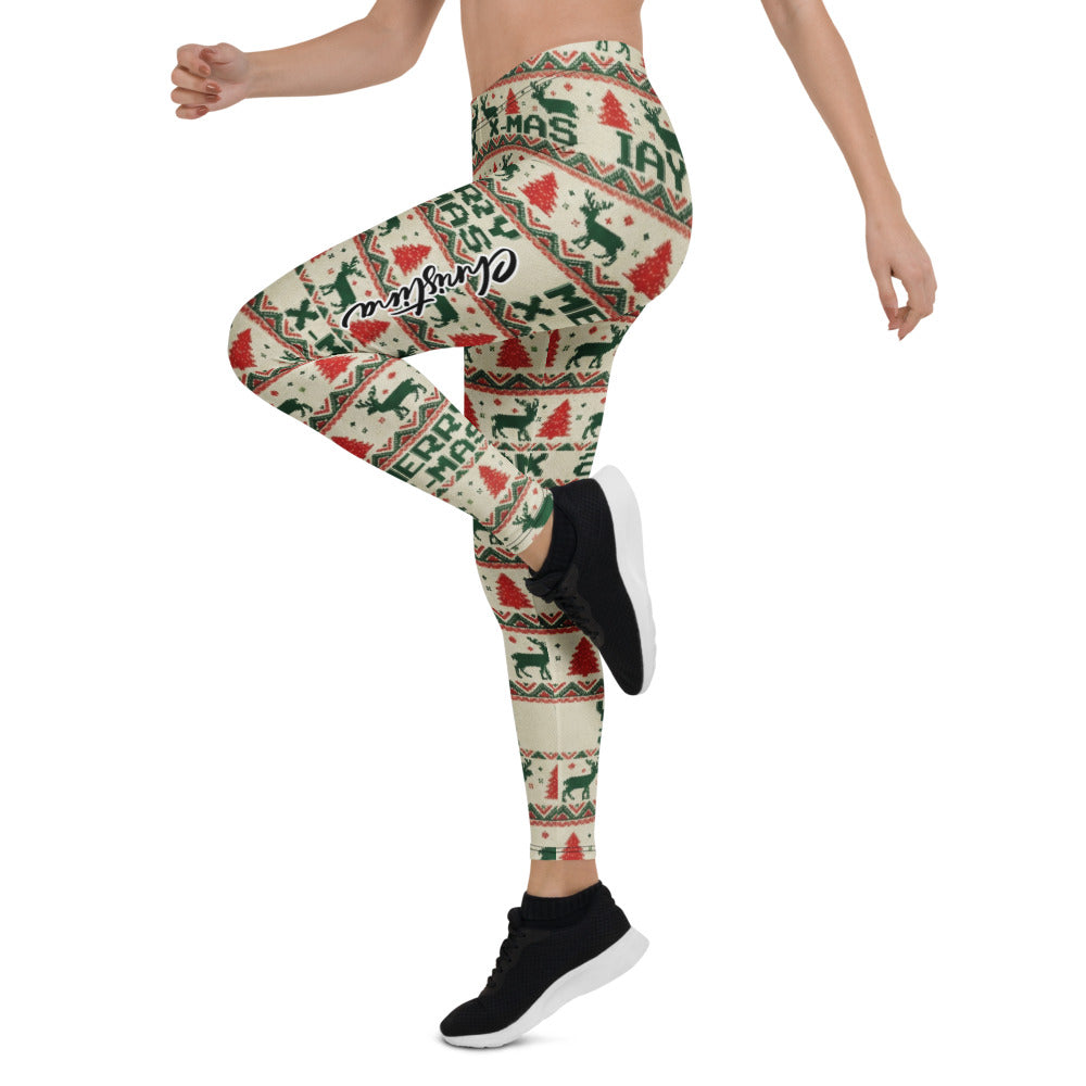 Personalisierte Damen Leggings Weihnachten Merry X-Mas Design Rentier Tannenbaum Muster Rot Grün Sportleggings Fitnesshose P314