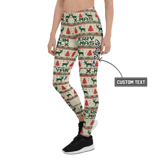 Personalisierte Damen Leggings Weihnachten Merry X-Mas Design Rentier Tannenbaum Muster Rot Grün Sportleggings Fitnesshose P314 - XL