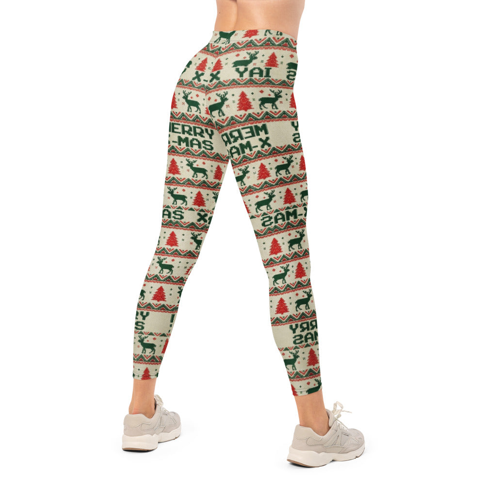 Personalisierte Damen Leggings Weihnachten Merry X-Mas Design Rentier Tannenbaum Muster Rot Grün Sportleggings Fitnesshose P314
