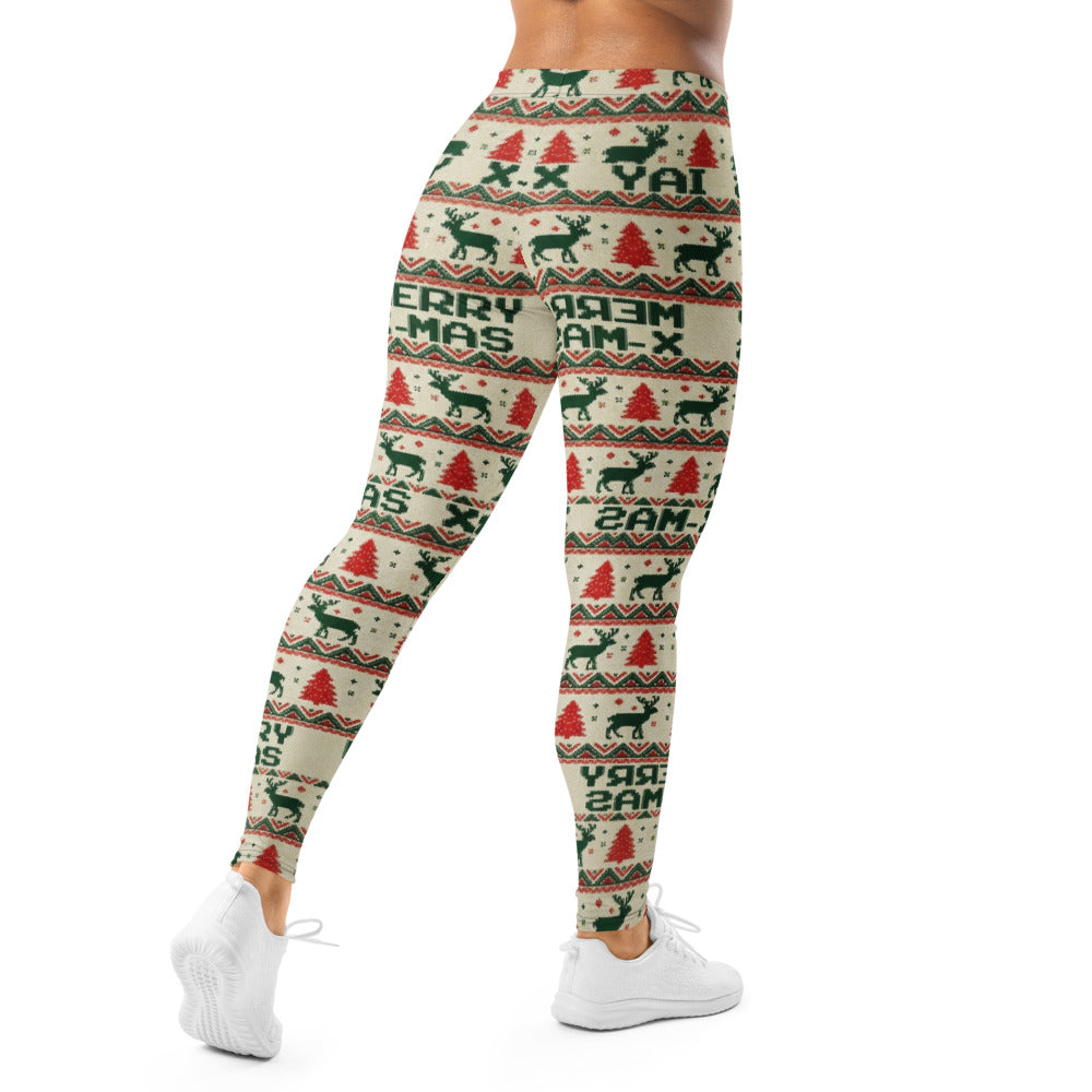 Personalisierte Damen Leggings Weihnachten Merry X-Mas Design Rentier Tannenbaum Muster Rot Grün Sportleggings Fitnesshose P314