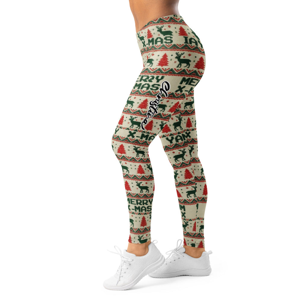 Personalisierte Damen Leggings Weihnachten Merry X-Mas Design Rentier Tannenbaum Muster Rot Grün Sportleggings Fitnesshose P314