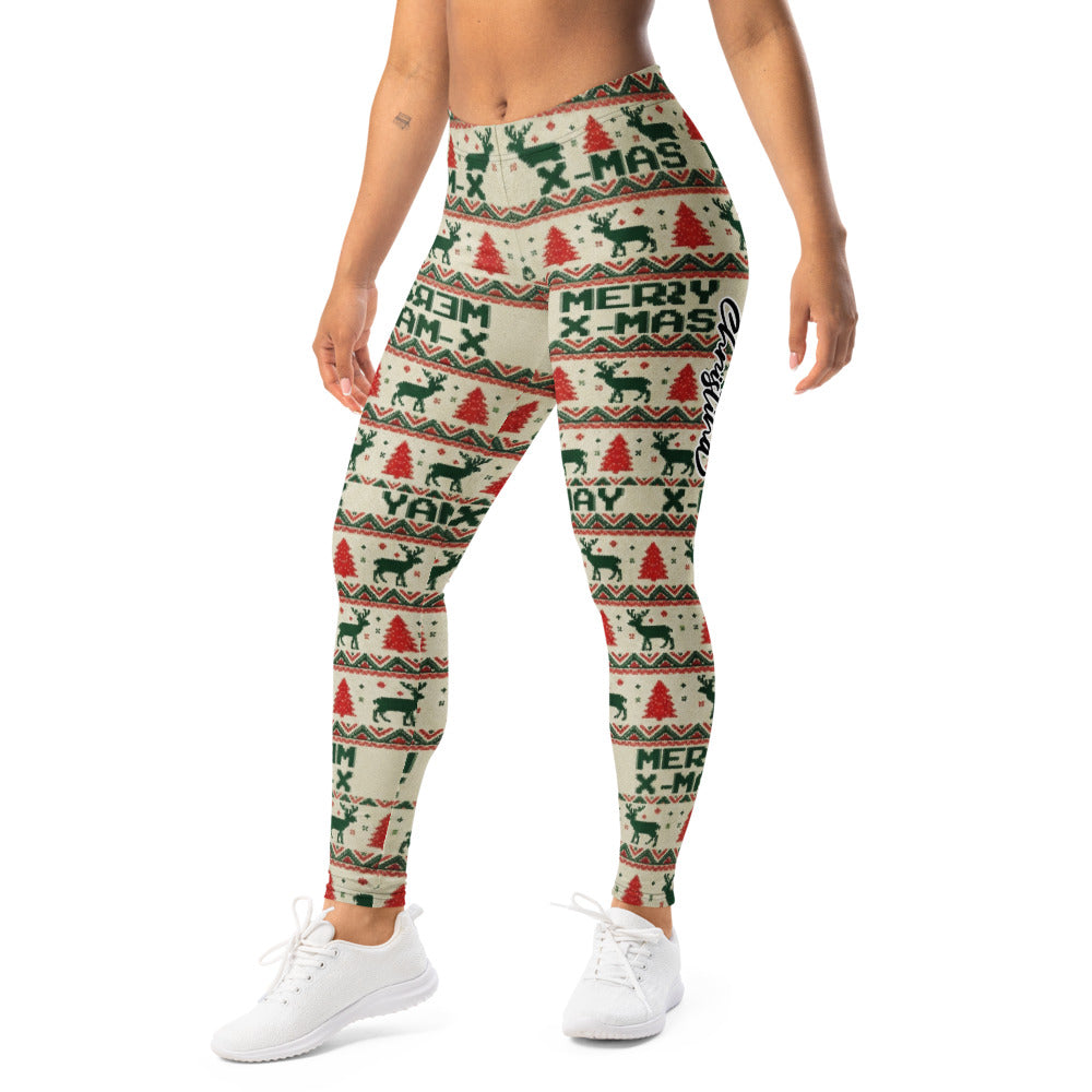 Personalisierte Damen Leggings Weihnachten Merry X-Mas Design Rentier Tannenbaum Muster Rot Grün Sportleggings Fitnesshose P314