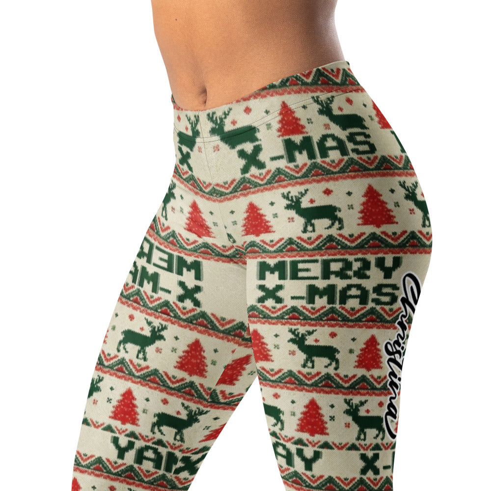 Personalisierte Damen Leggings Weihnachten Merry X-Mas Design Rentier Tannenbaum Muster Rot Grün Sportleggings Fitnesshose P314