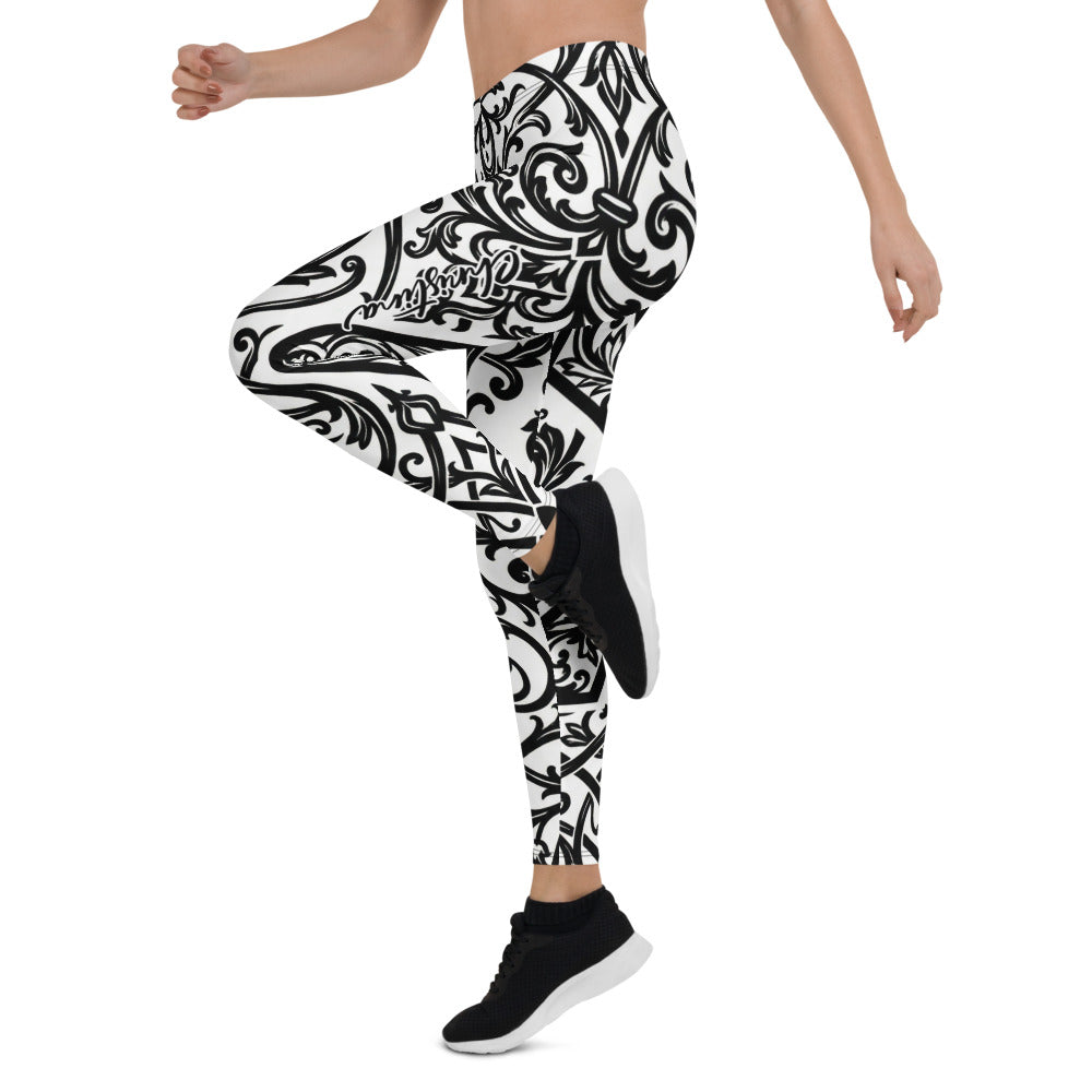 Personalisierte Damen Sportleggings Barock Ornament Muster Schwarz Weiß Fitness Yoga Leggings T278
