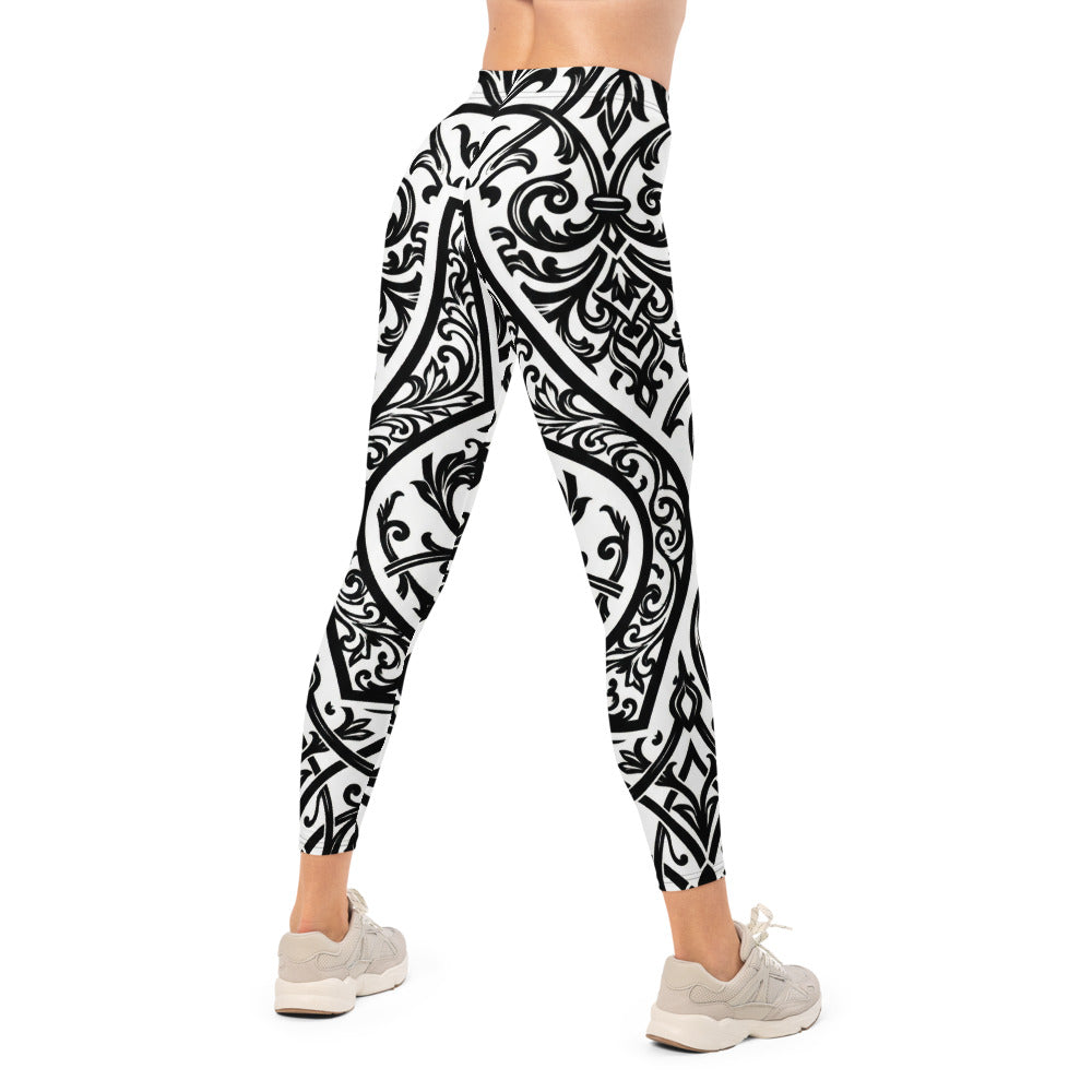 Personalisierte Damen Sportleggings Barock Ornament Muster Schwarz Weiß Fitness Yoga Leggings T278