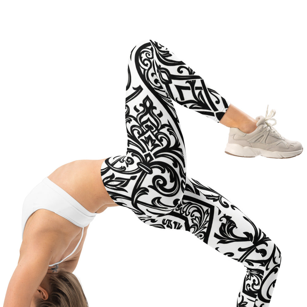 Personalisierte Damen Sportleggings Barock Ornament Muster Schwarz Weiß Fitness Yoga Leggings T278