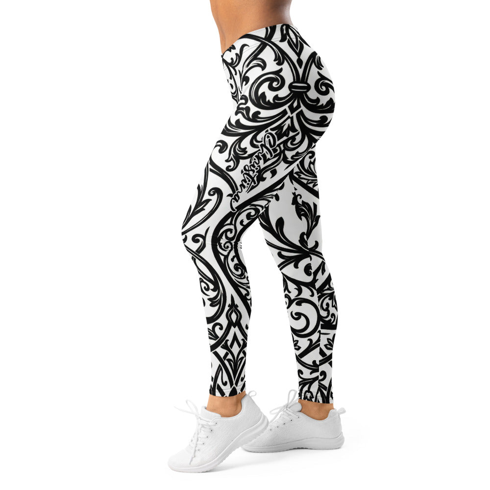 Personalisierte Damen Sportleggings Barock Ornament Muster Schwarz Weiß Fitness Yoga Leggings T278