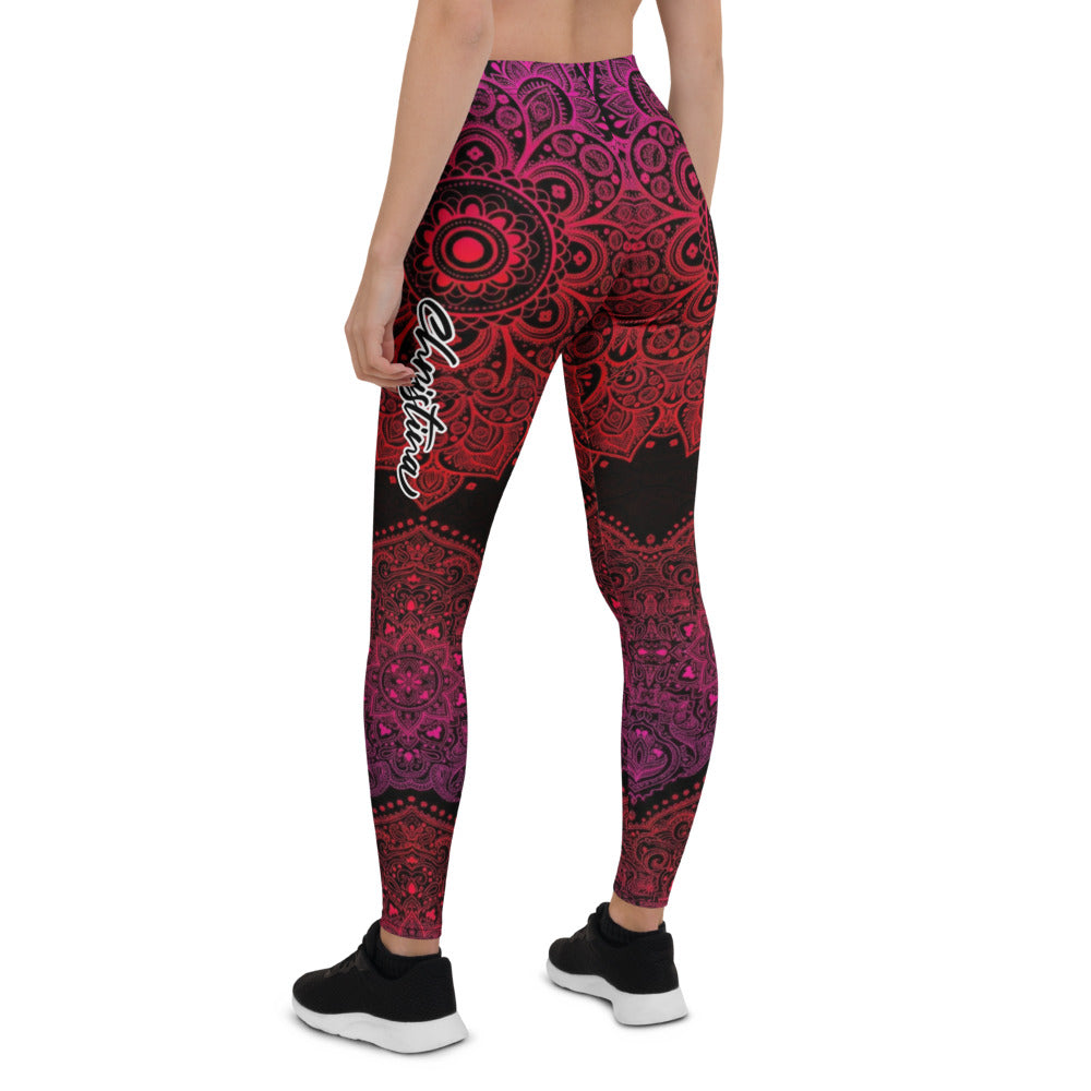 Personalisierte Damen Sportleggings Mandala Muster Schwarz Rot Pink Fitness Yoga Leggings B992