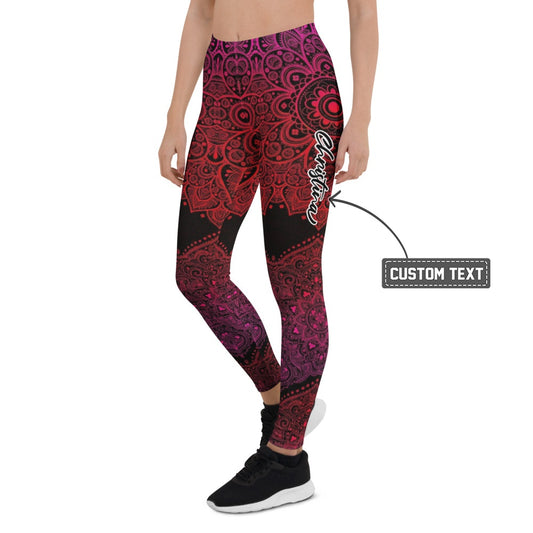 Personalisierte Damen Sportleggings Mandala Muster Schwarz Rot Pink Fitness Yoga Leggings B992 - XL