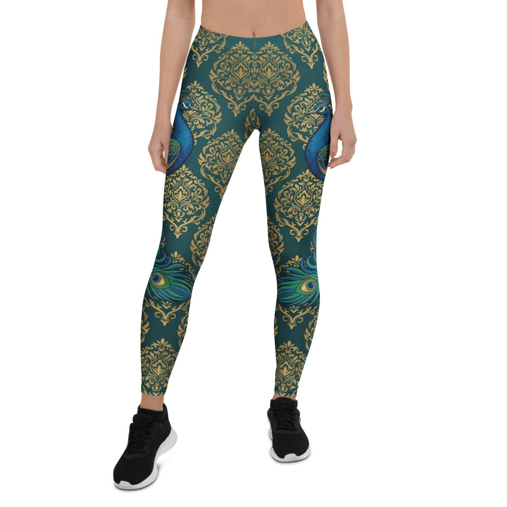 Personalisierte Damen Sportleggings Pfau Motiv Goldene Ornamente Dunkelgrün Fitness Yoga Tights L181