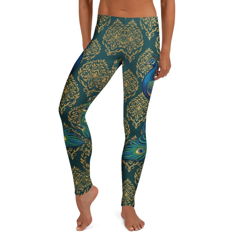 Personalisierte Damen Sportleggings Pfau Motiv Goldene Ornamente Dunkelgrün Fitness Yoga Tights L181