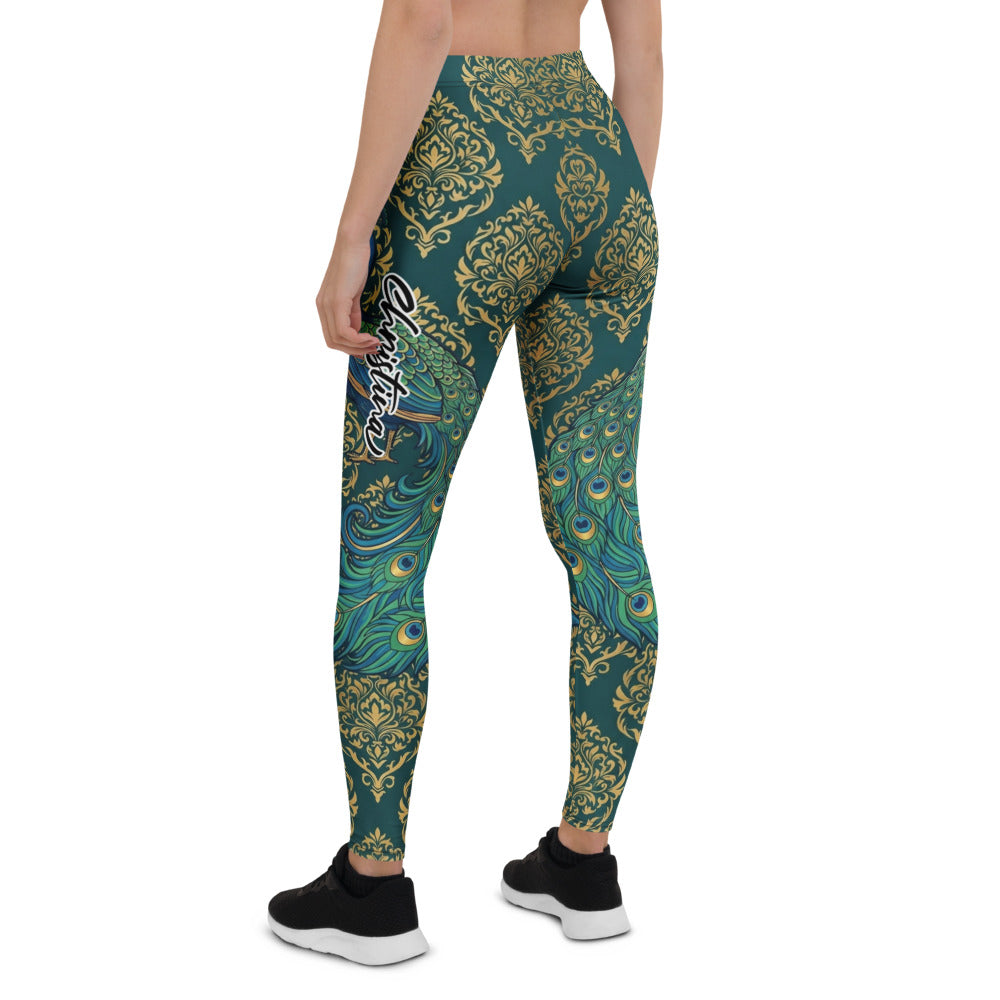 Personalisierte Damen Sportleggings Pfau Motiv Goldene Ornamente Dunkelgrün Fitness Yoga Tights L181