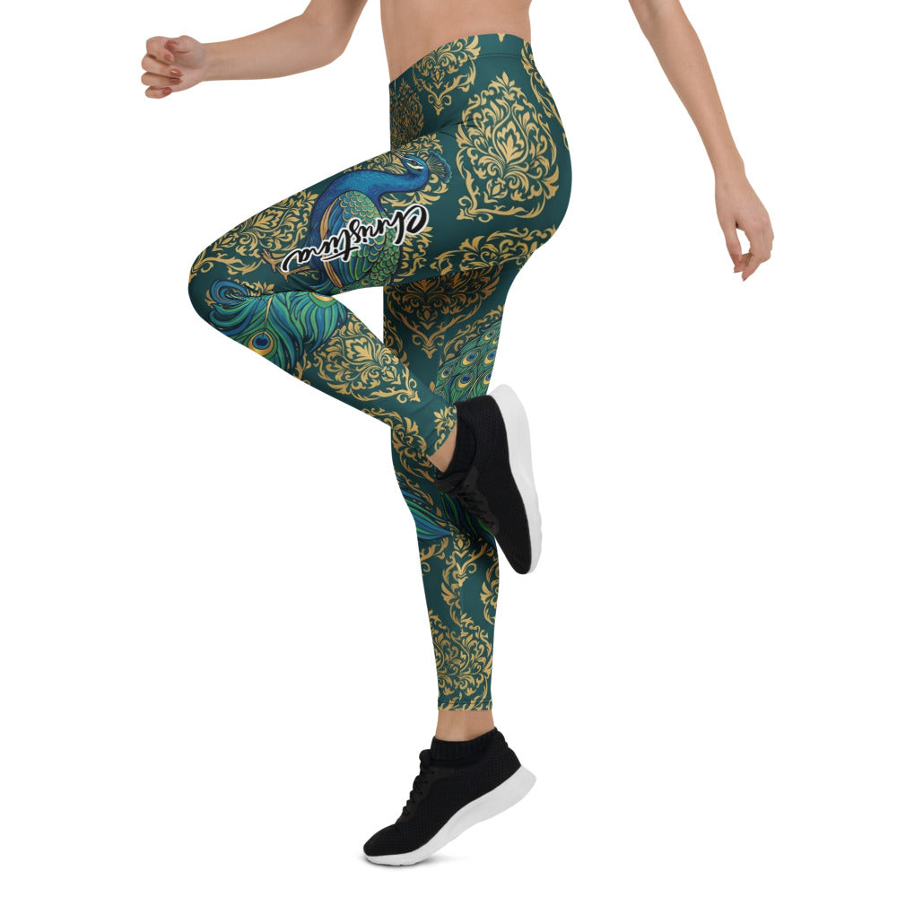 Personalisierte Damen Sportleggings Pfau Motiv Goldene Ornamente Dunkelgrün Fitness Yoga Tights L181