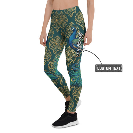 Personalisierte Damen Sportleggings Pfau Motiv Goldene Ornamente Dunkelgrün Fitness Yoga Tights L181 - XL