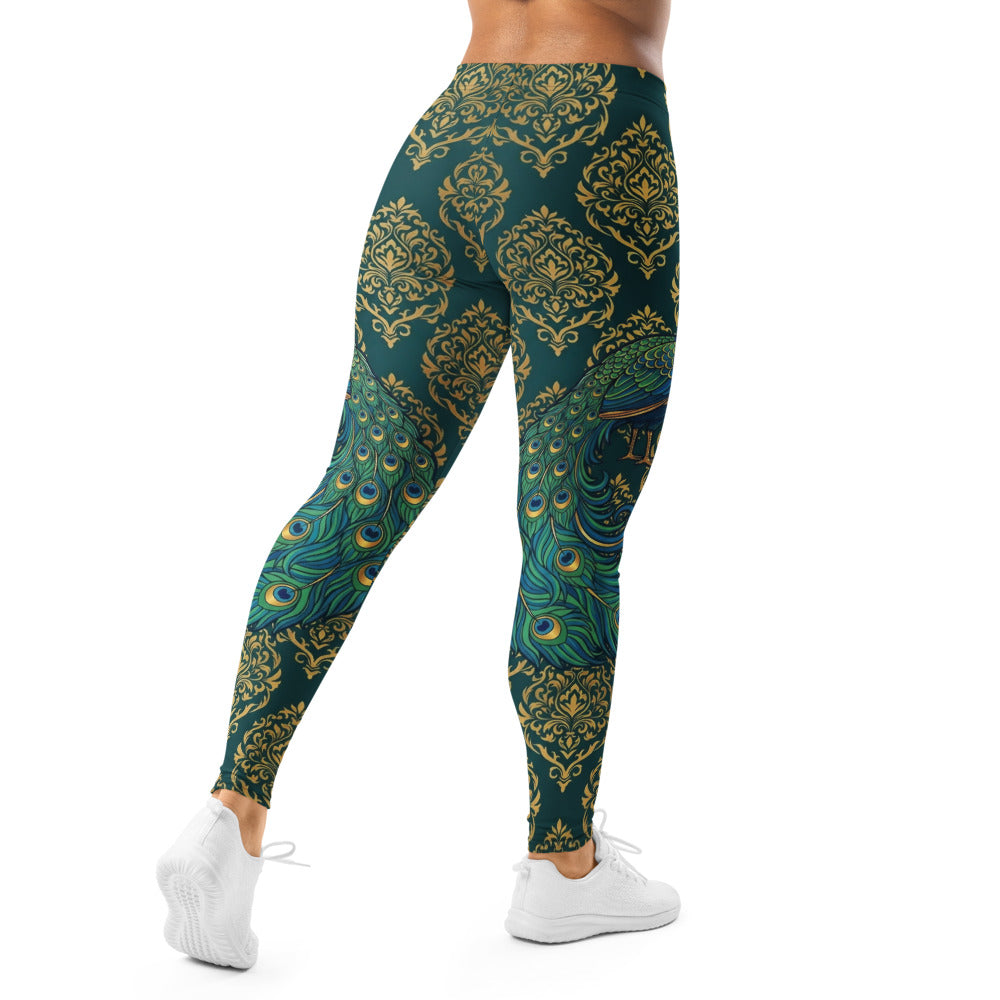 Personalisierte Damen Sportleggings Pfau Motiv Goldene Ornamente Dunkelgrün Fitness Yoga Tights L181