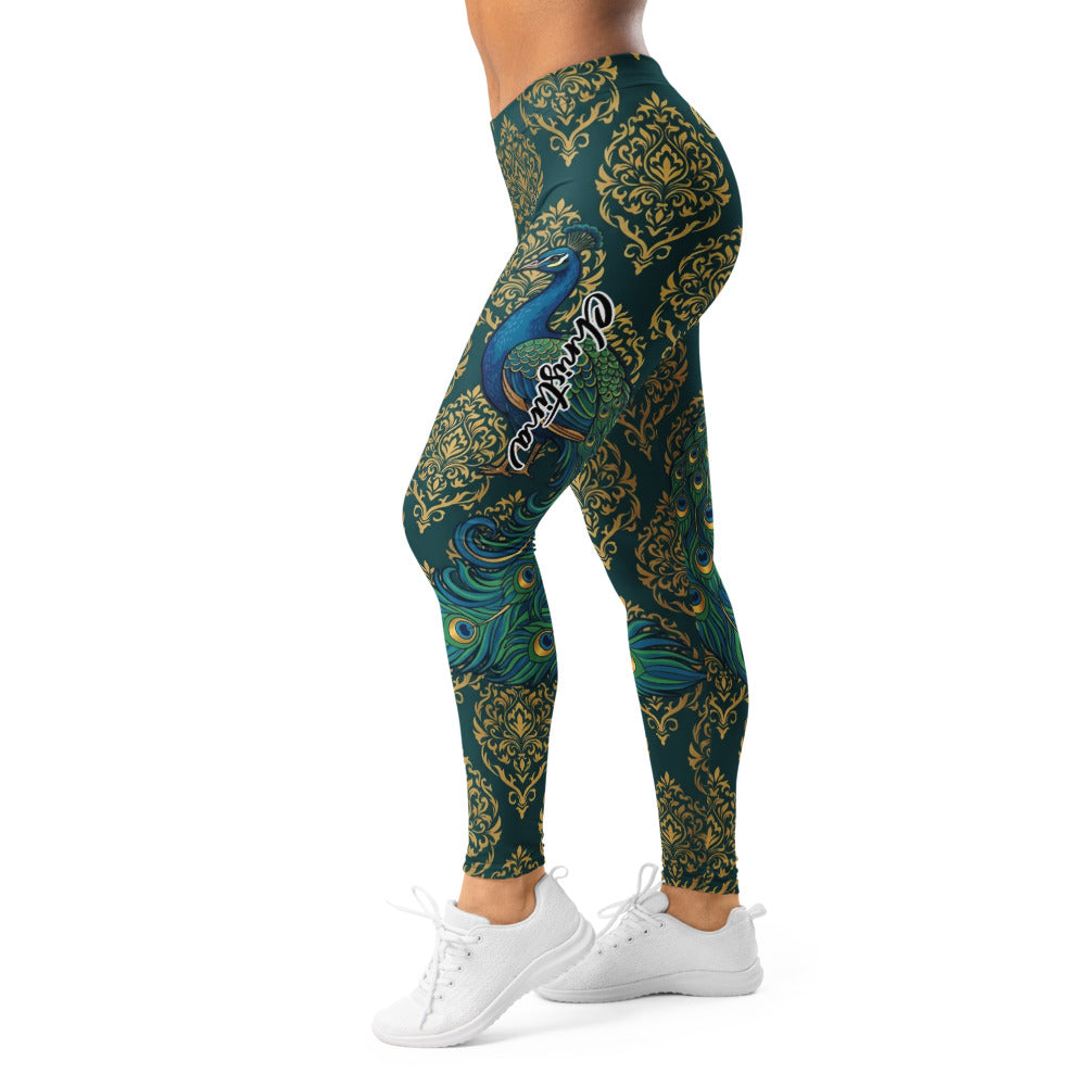 Personalisierte Damen Sportleggings Pfau Motiv Goldene Ornamente Dunkelgrün Fitness Yoga Tights L181
