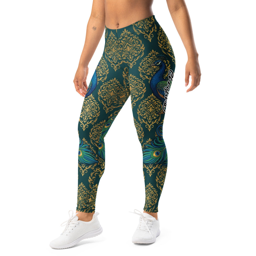 Personalisierte Damen Sportleggings Pfau Motiv Goldene Ornamente Dunkelgrün Fitness Yoga Tights L181