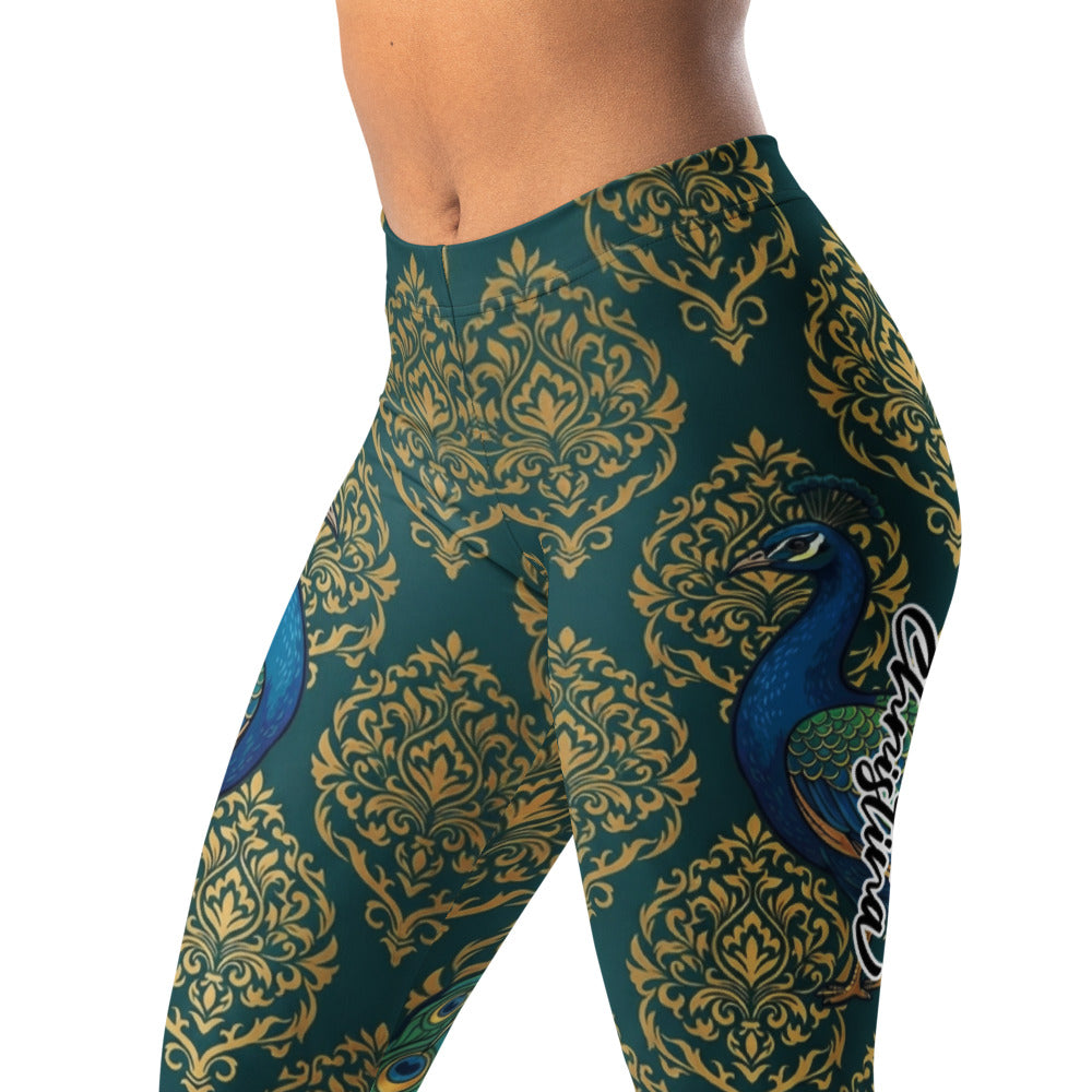 Personalisierte Damen Sportleggings Pfau Motiv Goldene Ornamente Dunkelgrün Fitness Yoga Tights L181