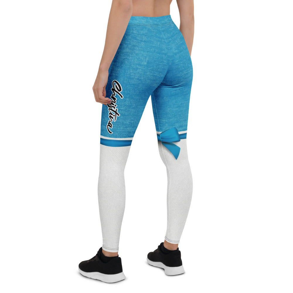 Personalisierte Damen Sportleggings Blau Weiß Schleifen-Design Fitness Leggings Yoga Hose X338