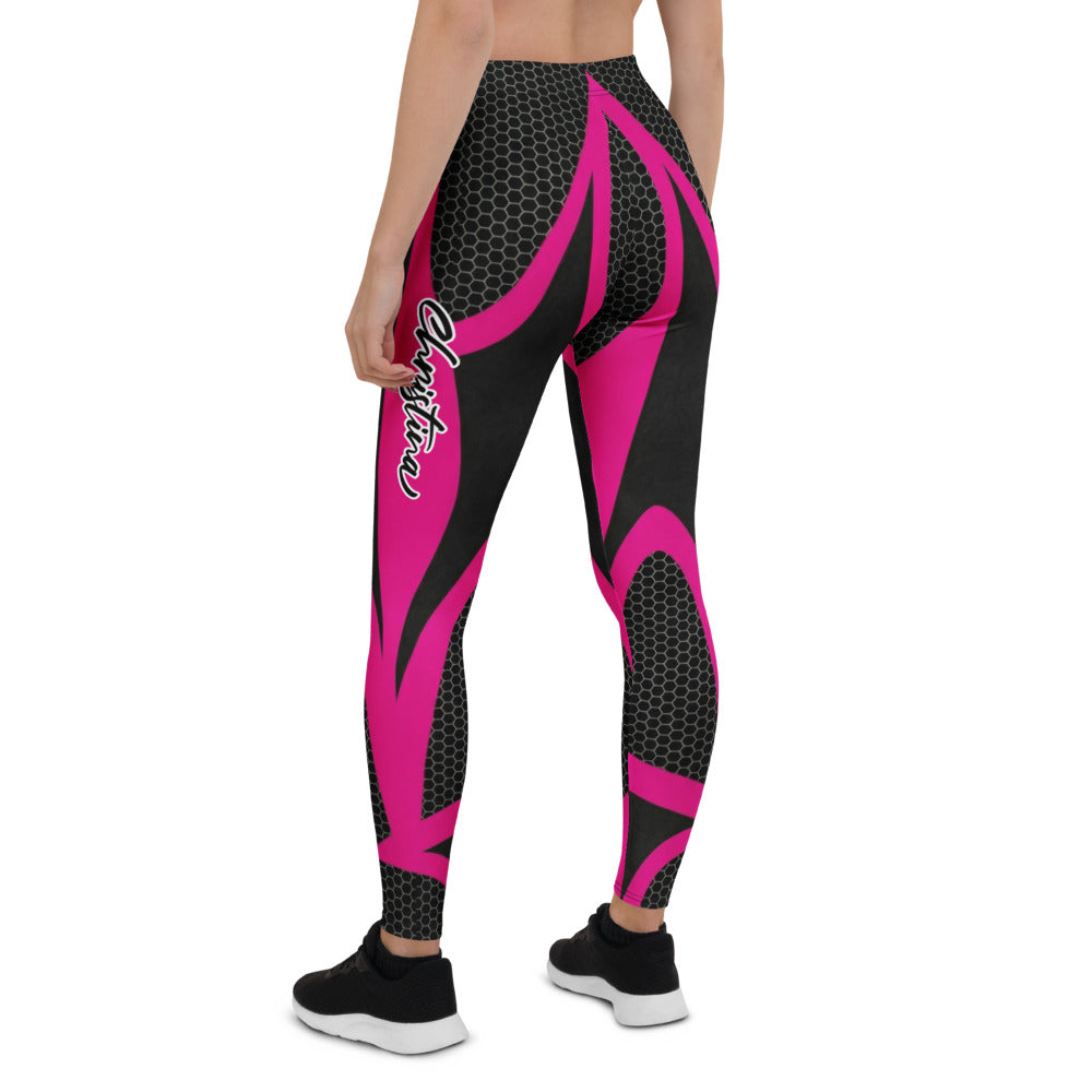Personalisierte Sportleggings Damen Schwarz Pink Wabenmuster Fitness Leggings Geometrisches Design V072