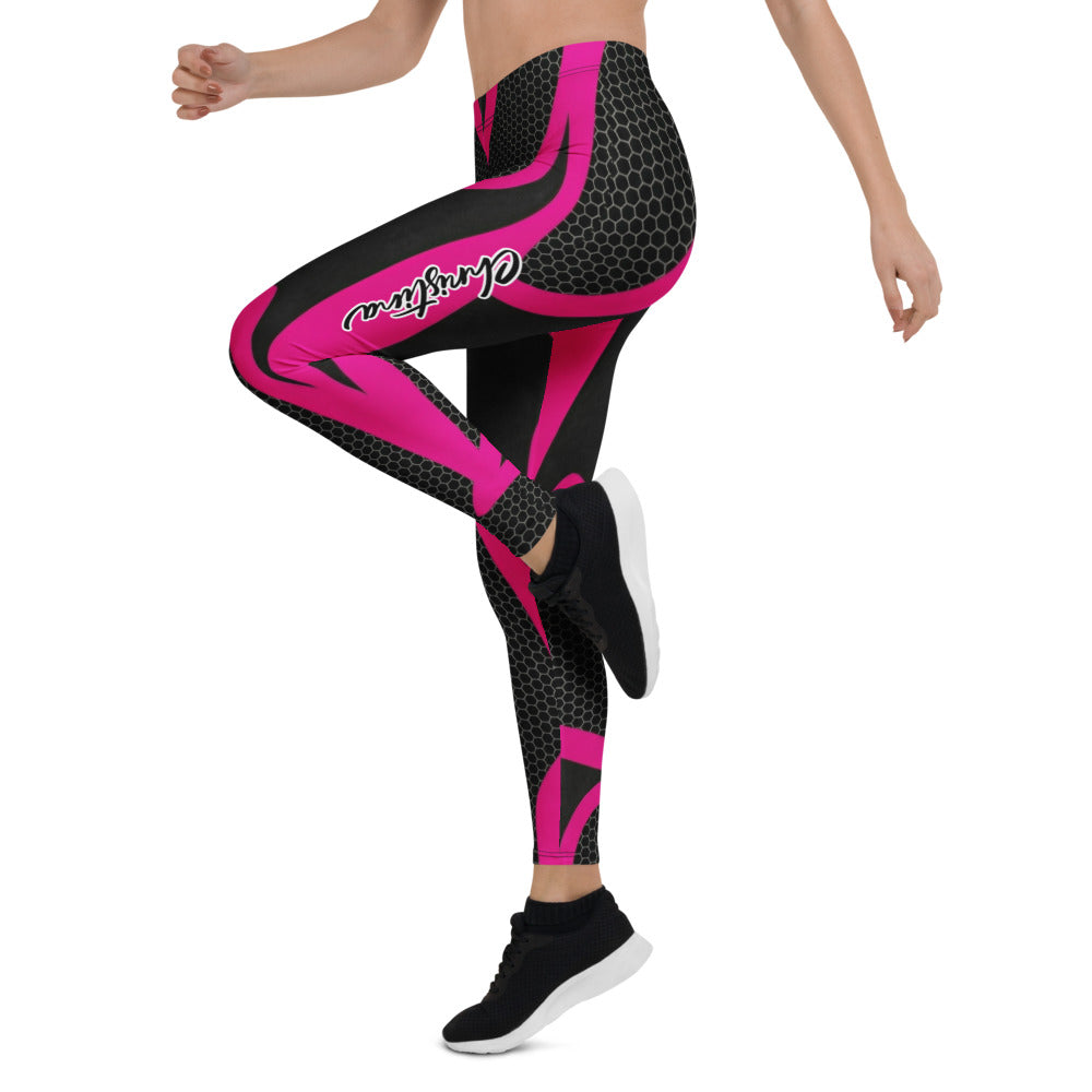 Personalisierte Sportleggings Damen Schwarz Pink Wabenmuster Fitness Leggings Geometrisches Design V072