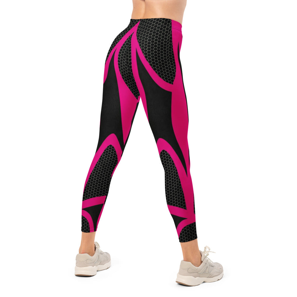 Personalisierte Sportleggings Damen Schwarz Pink Wabenmuster Fitness Leggings Geometrisches Design V072