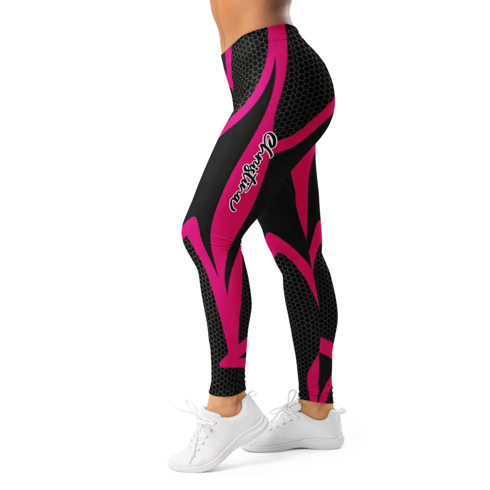 Personalisierte Sportleggings Damen Schwarz Pink Wabenmuster Fitness Leggings Geometrisches Design V072