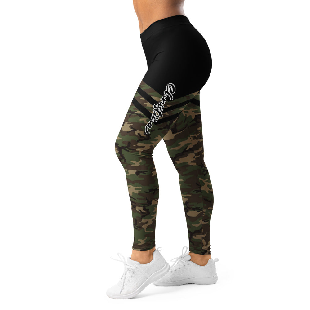 Personalisierte Damen Sportleggings Camouflage Schwarz Oliv Tarnmuster Fitness Leggings Yoga Hose O135