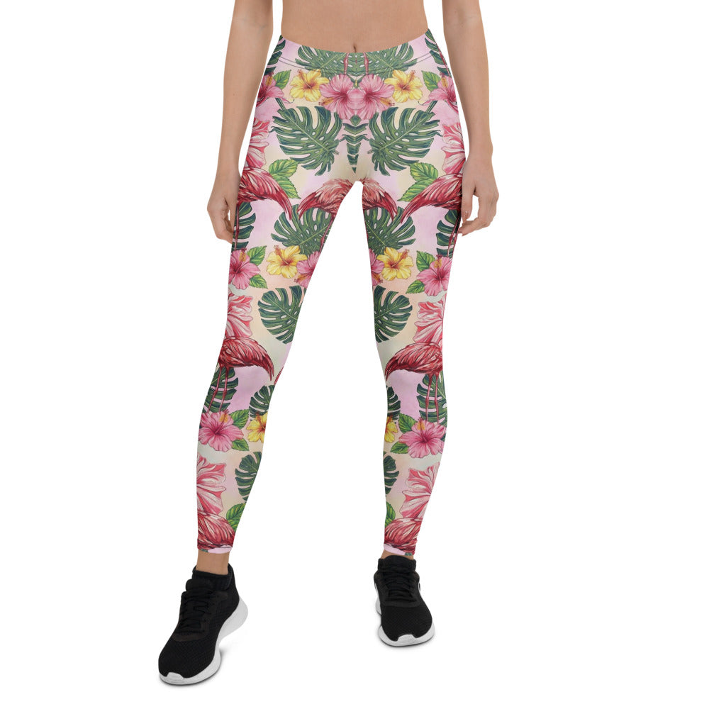 Personalisierte Damen Sportleggings Flamingo Tropen-Design Rosa Grün Fitness Yoga Leggings O140