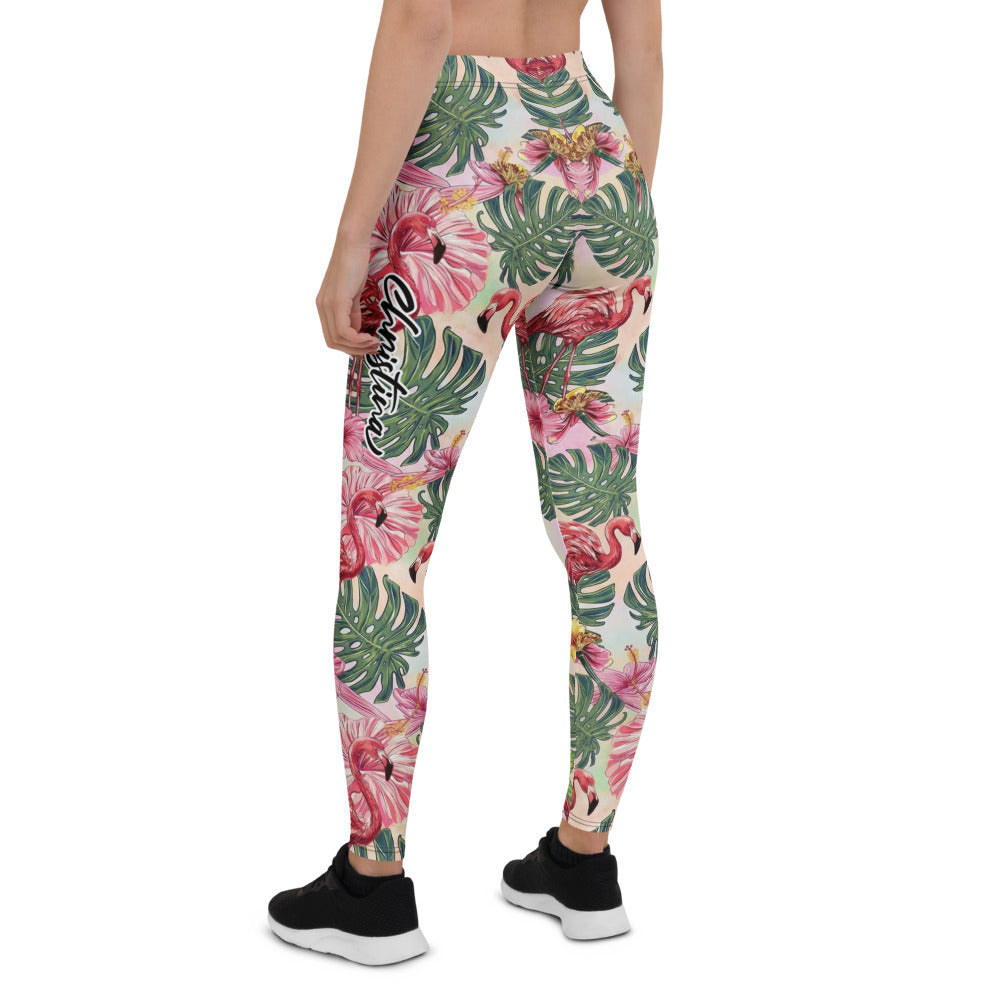 Personalisierte Damen Sportleggings Flamingo Tropen-Design Rosa Grün Fitness Yoga Leggings O140