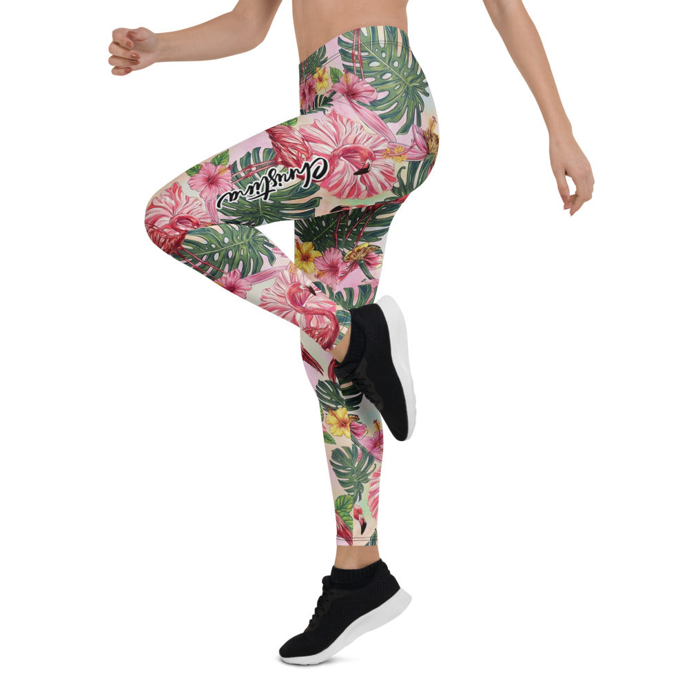 Personalisierte Damen Sportleggings Flamingo Tropen-Design Rosa Grün Fitness Yoga Leggings O140