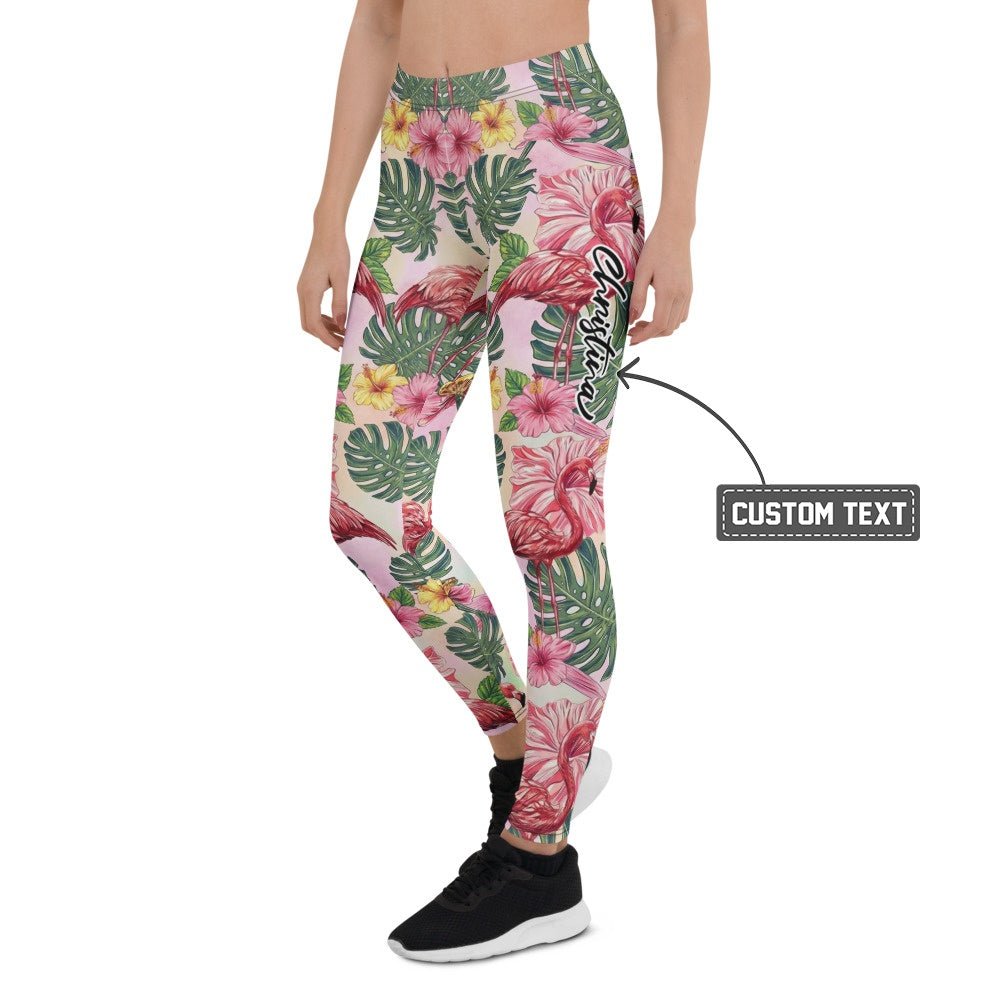 Personalisierte Damen Sportleggings Flamingo Tropen-Design Rosa Grün Fitness Yoga Leggings O140 - XL