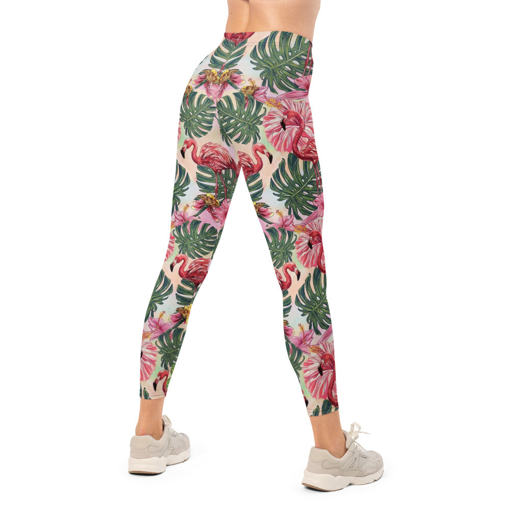 Personalisierte Damen Sportleggings Flamingo Tropen-Design Rosa Grün Fitness Yoga Leggings O140