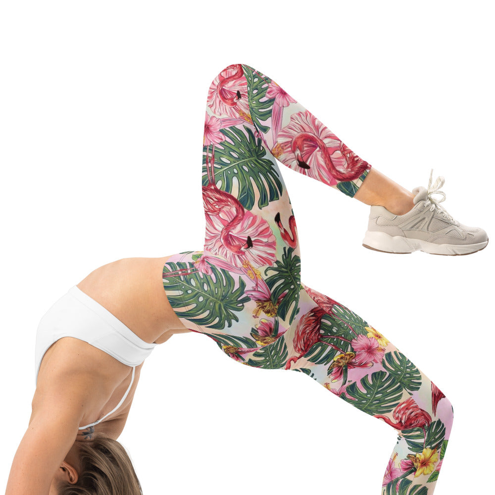 Personalisierte Damen Sportleggings Flamingo Tropen-Design Rosa Grün Fitness Yoga Leggings O140