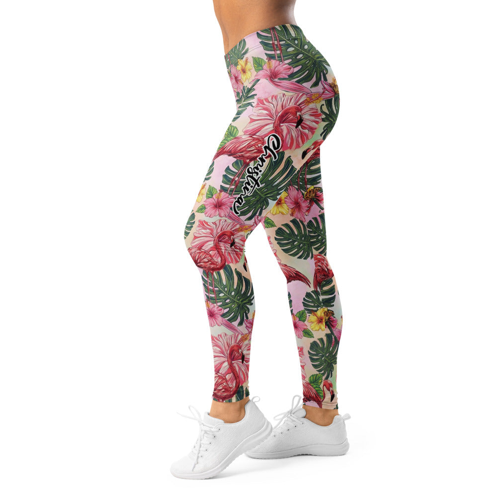 Personalisierte Damen Sportleggings Flamingo Tropen-Design Rosa Grün Fitness Yoga Leggings O140