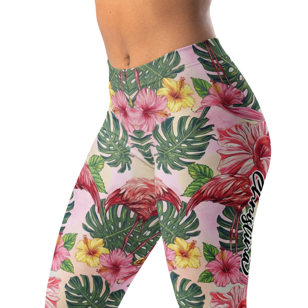 Personalisierte Damen Sportleggings Flamingo Tropen-Design Rosa Grün Fitness Yoga Leggings O140